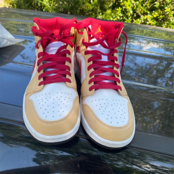 Jordan 1 Mid Light Curry Cardinal