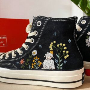 Embroidered Converse High Tops Custom Sheep Flowers