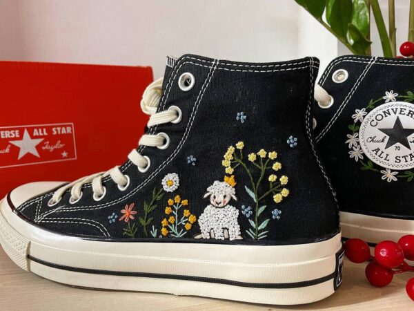 Embroidered Converse High Tops Custom Sheep Flowers