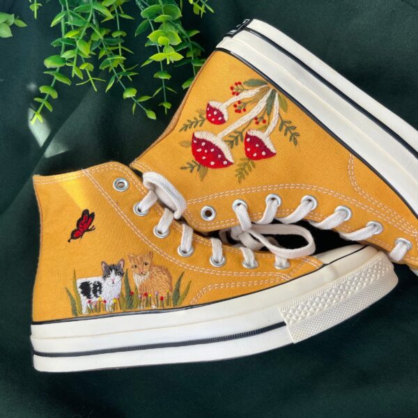 Embroidered Converse High Tops Red Mushrooms And Butterfly