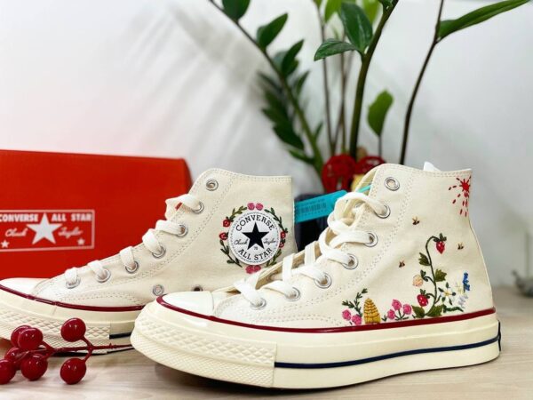 Embroidered Converse High Tops Strawberry And Bees