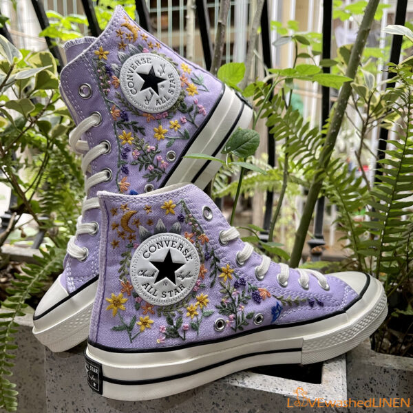 Embroidered Converse High Tops Fox Summer Garden Flowers