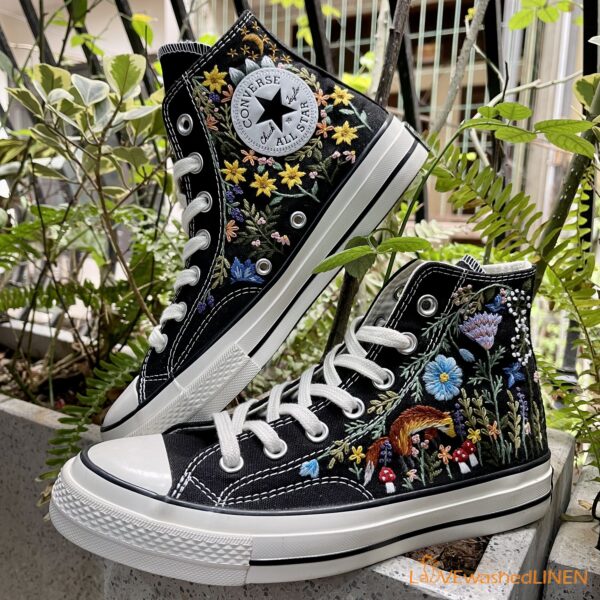 Embroidered Converse High Tops Fox Summer Garden Flowers