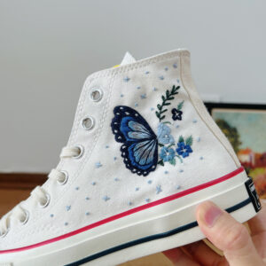 Embroidered Converse High Tops Blue Butterfly Floral