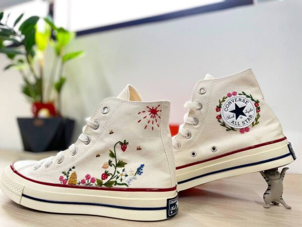 Embroidered Converse High Tops Strawberry And Bees