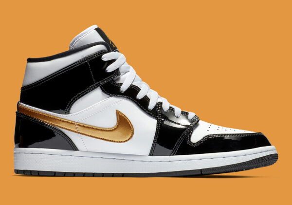 Jordan 1 Mid Patent Black White Gold